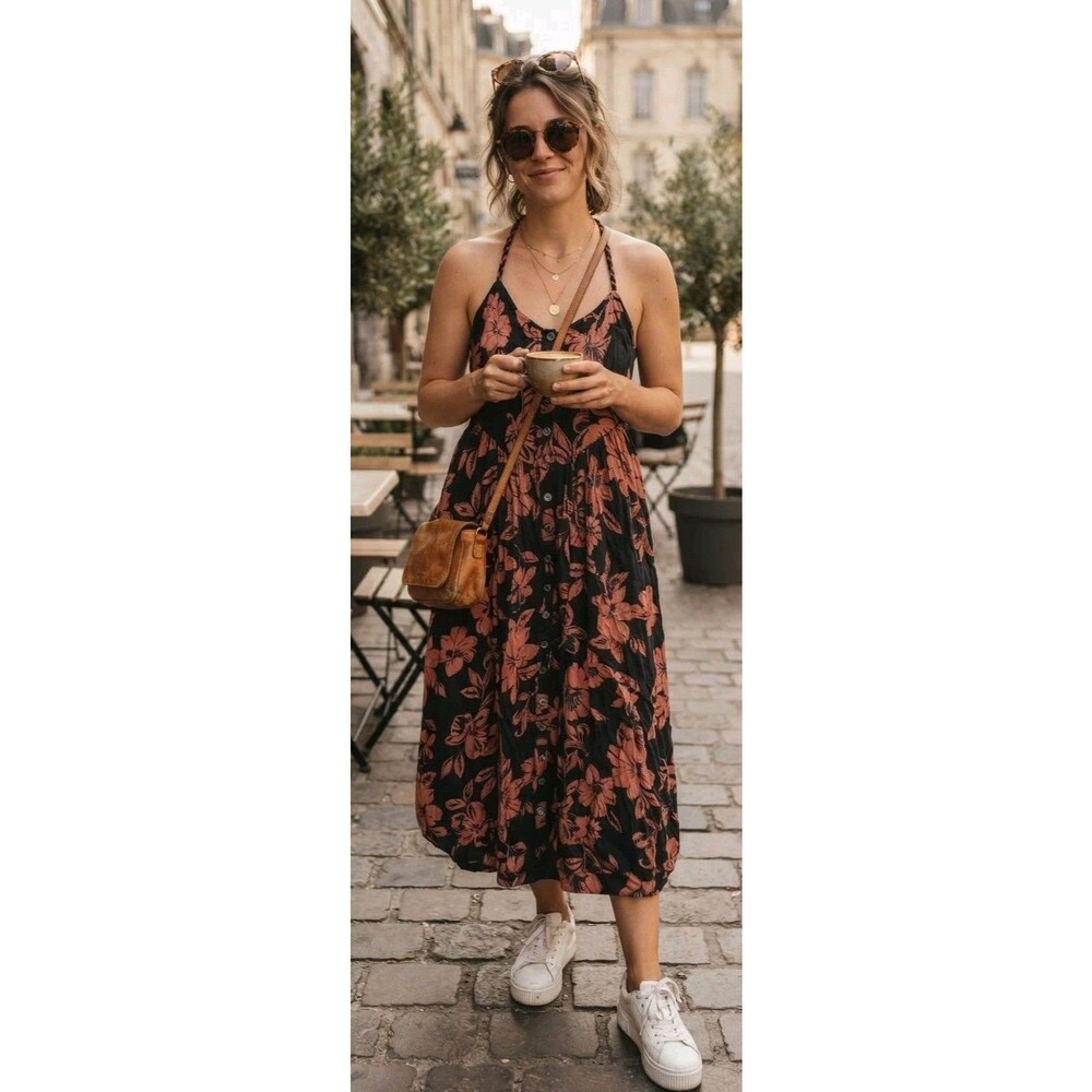 Free People NWT Maxi Dress Garden Party Floral Brown/Black M MSRP $148 (826)